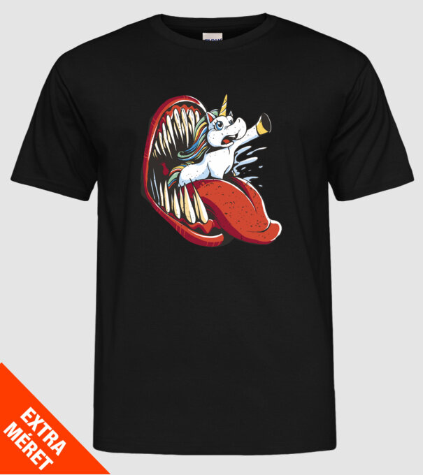 În gura monstrului Unicorn model negru pe tricou