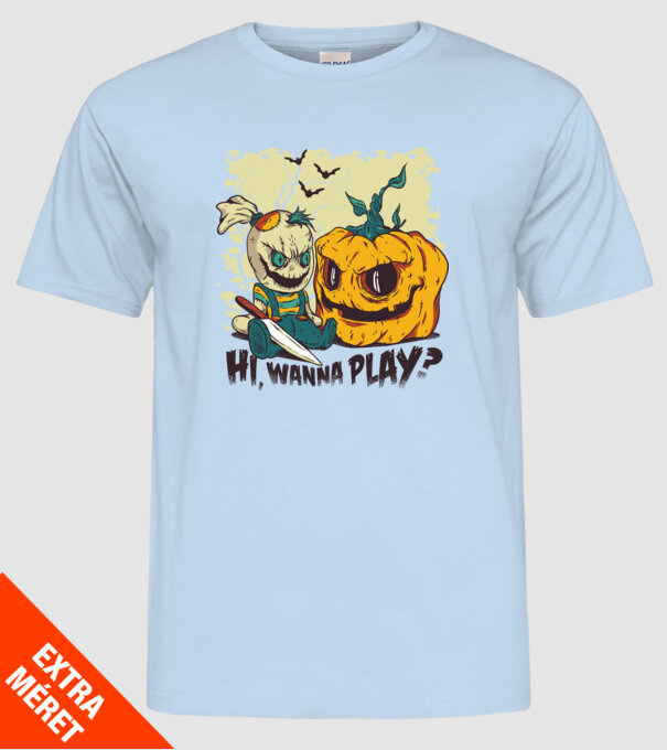 Vrei să te joci? Halloween model albastru deschis pe tricou