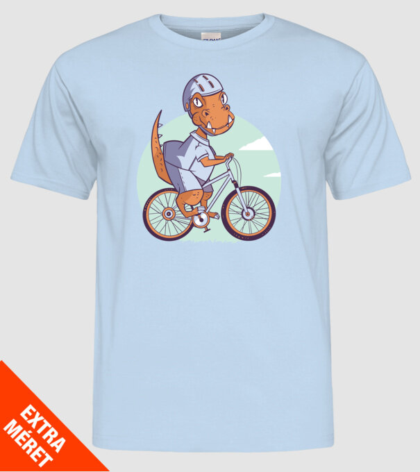 Dinozaur de T-Rex cu bicicletă model albastru deschis pe tricou