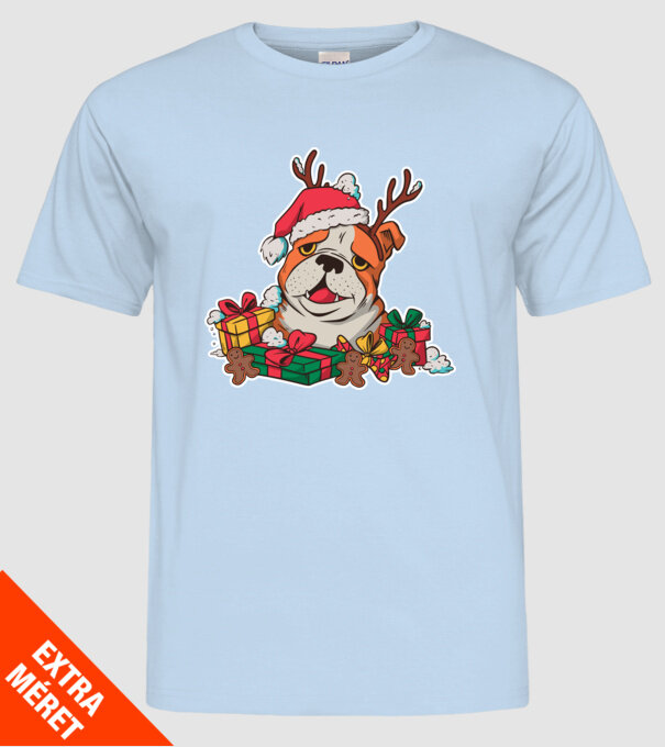 Bulldog de Crăciun model albastru deschis pe tricou