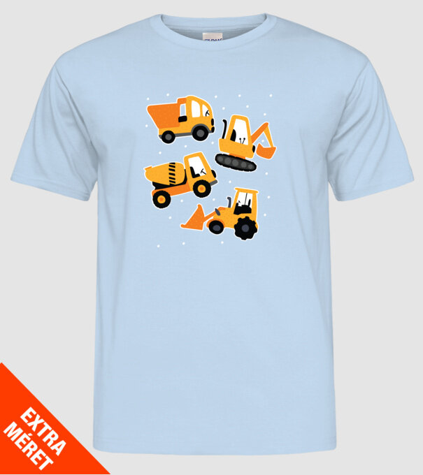 Vehicule de construcții model albastru deschis pe tricou