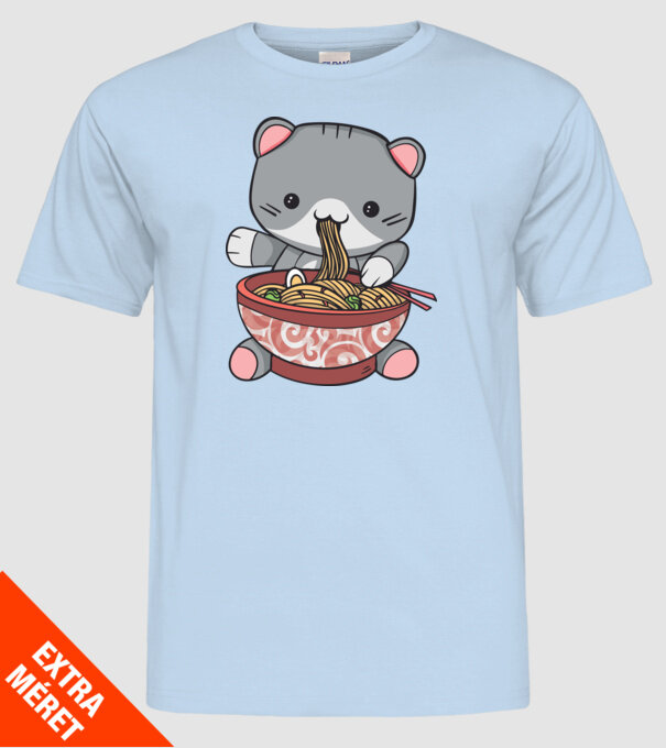 Pisică Kawaii Ramen model albastru deschis pe tricou