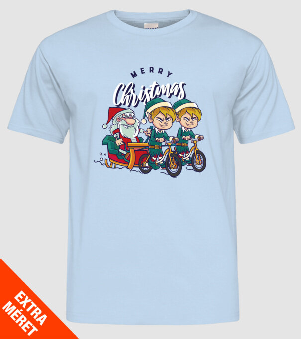 Merry Christmas Moș Crăciun cu sanie cu bicicletă model albastru deschis pe tricou
