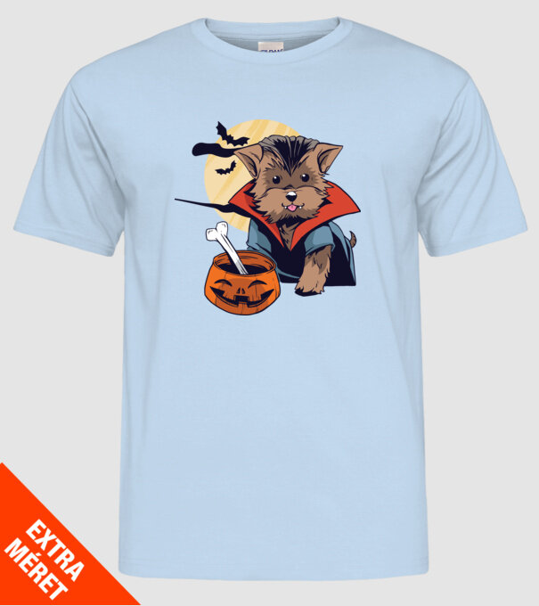 Vampir Yorkie Halloween model albastru deschis pe tricou