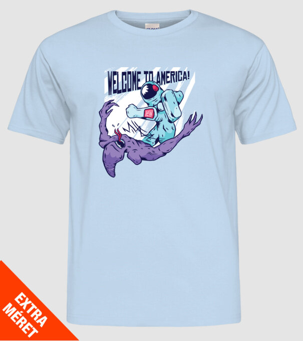 Welcome To America model albastru deschis pe tricou