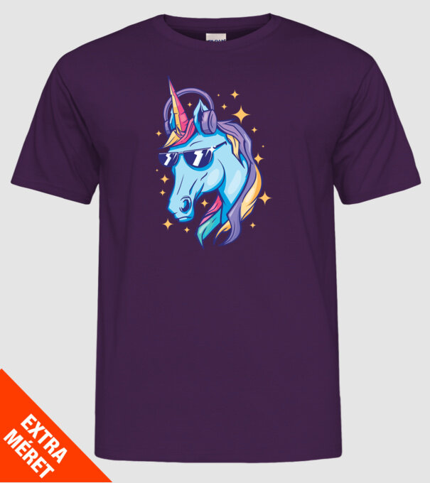 Unicorn strălucitor cu căști model mov pe tricou