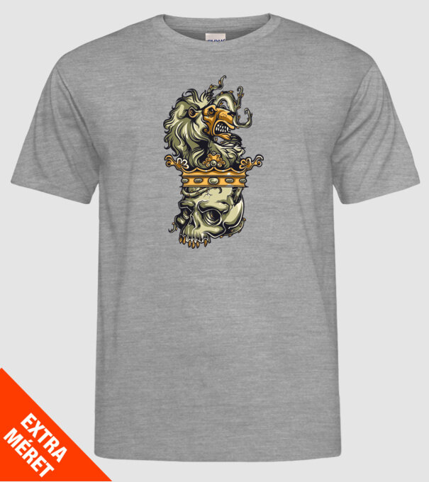 Half Lion Half Skull model gri pe tricou
