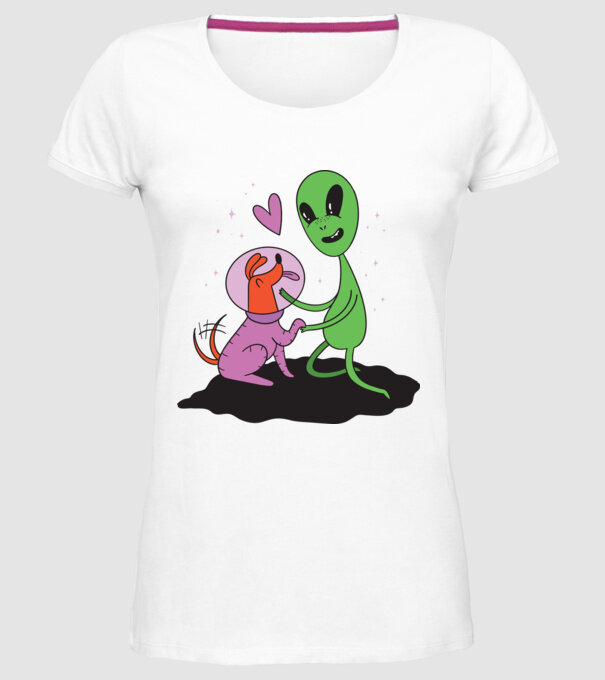 Alien cu câine model alb pe tricou