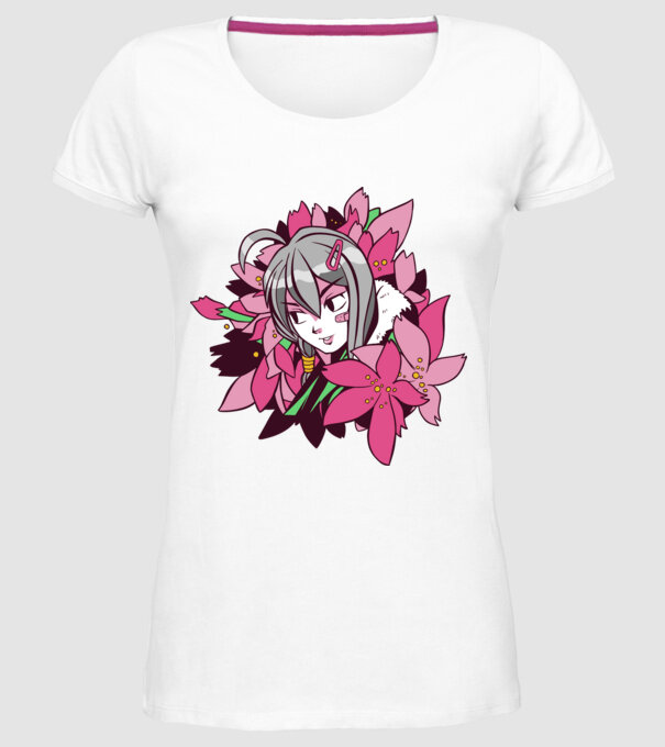 Anime fată printre flori model alb pe tricou