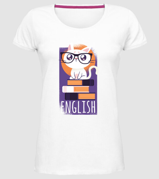 Pisică cu cărți model alb pe tricou