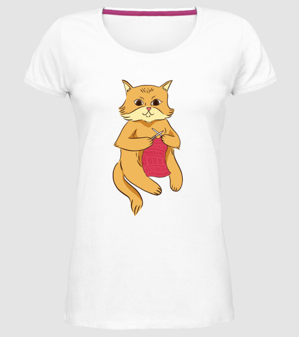 Pisică croșetând model alb pe tricou
