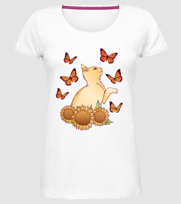Pisică cu fluturi model alb pe tricou