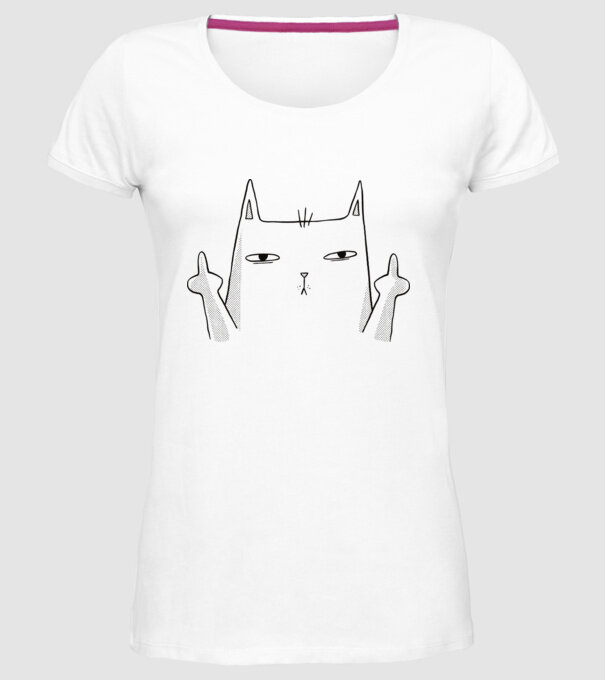 Pisică desen arată degetul model alb pe tricou