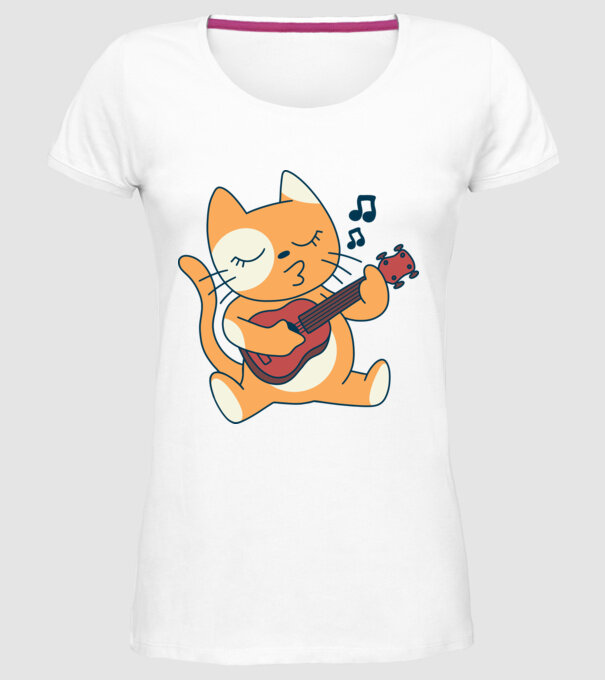 Pisică chitară Ukulele model alb pe tricou