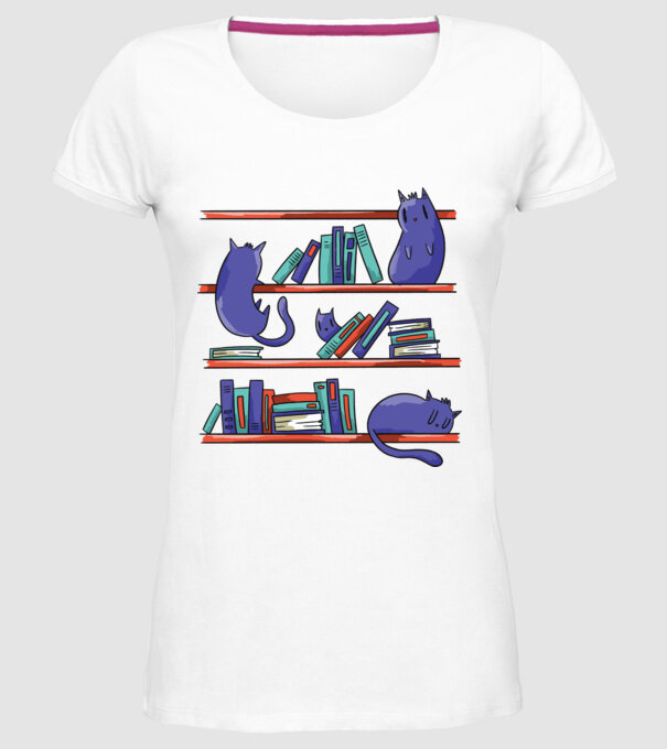 Pisici pe raftul de cărți model alb pe tricou