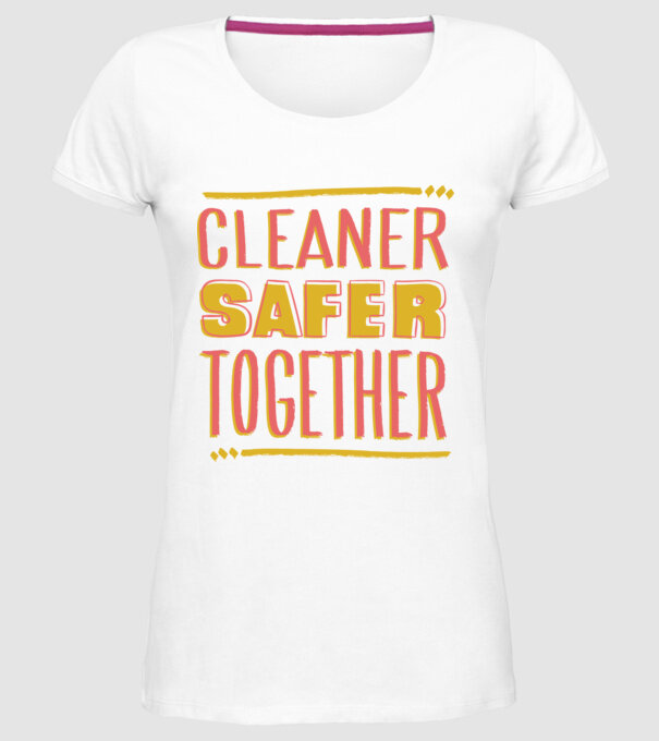 Cleaner Safer Together model alb pe tricou