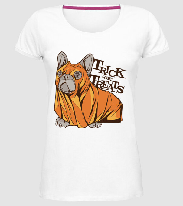 Trick or Treat Mops Halloween model alb pe tricou