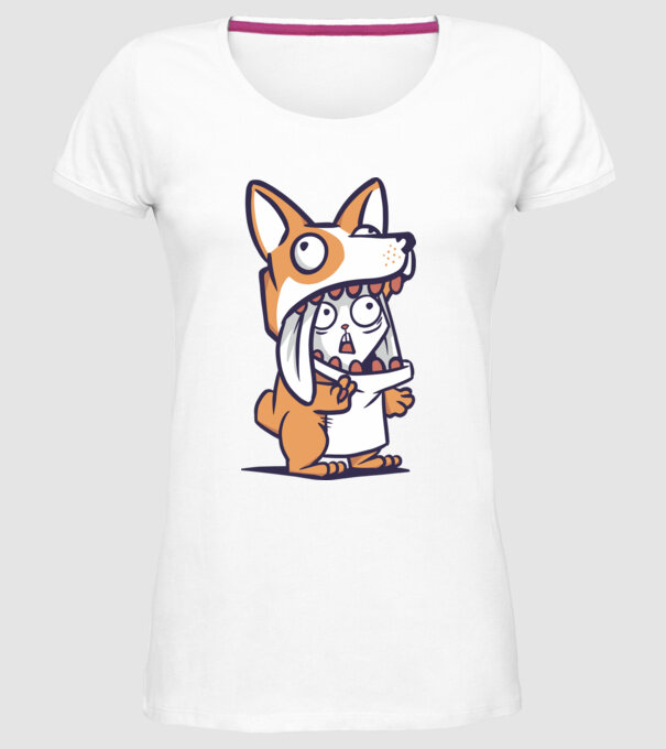 Iepuraș drăguț în costum Corgi model alb pe tricou