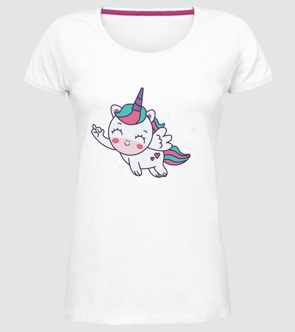 Unicorn drăguț arată degetul model alb pe tricou