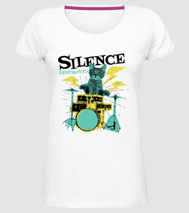 Pisică Baterist - Silence Destroyer model alb pe tricou
