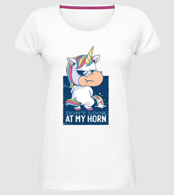 'Don''t look at my horn tricou amuzant unicorn' model alb pe tricou