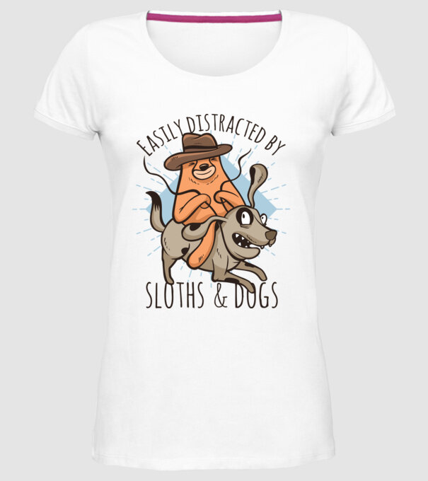 Easily Distracted by Sloths & Dogs model alb pe tricou