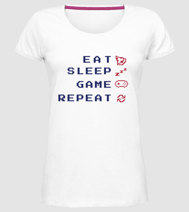 Eat Sleep Game Repeat model alb pe tricou