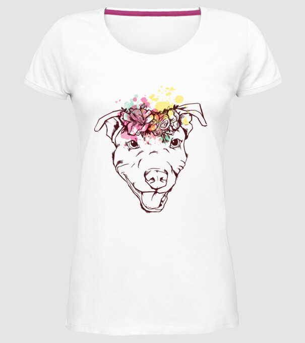 Floral Pitbull model alb pe tricou