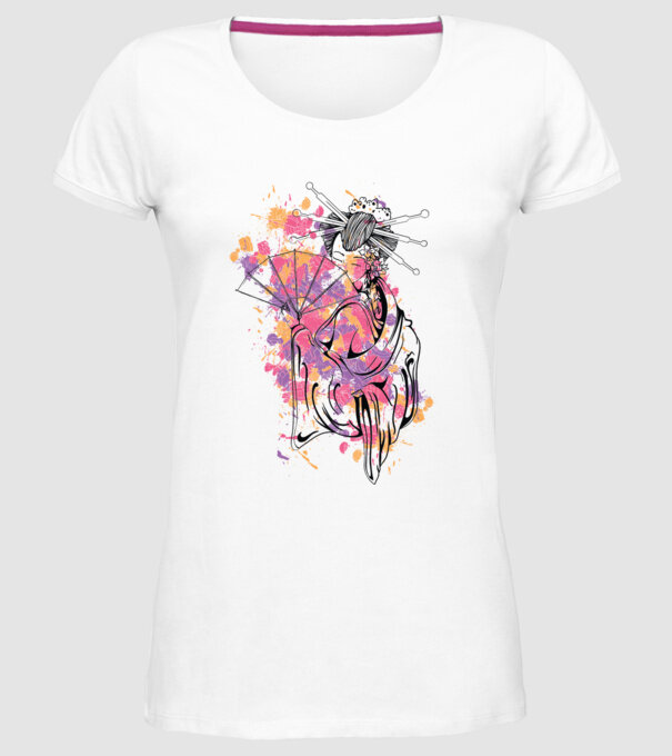 Geisha cu evantai model alb pe tricou
