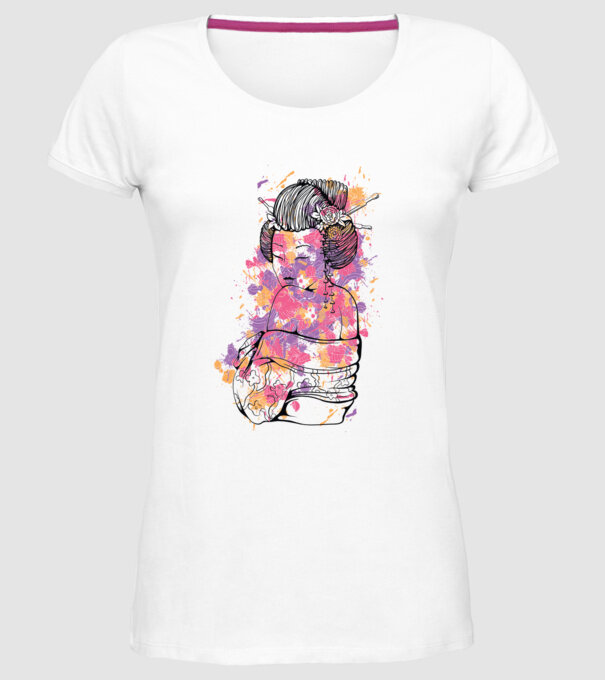 Geisha colorată model alb pe tricou
