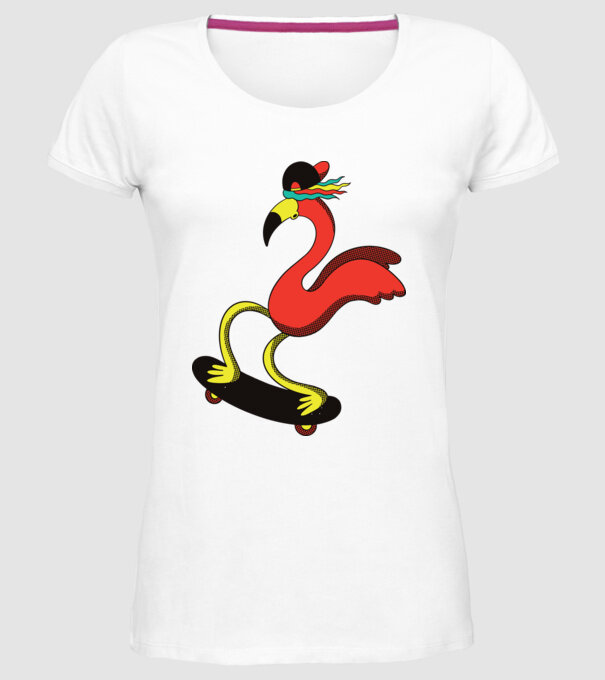 Flamingo Skateboarder model alb pe tricou
