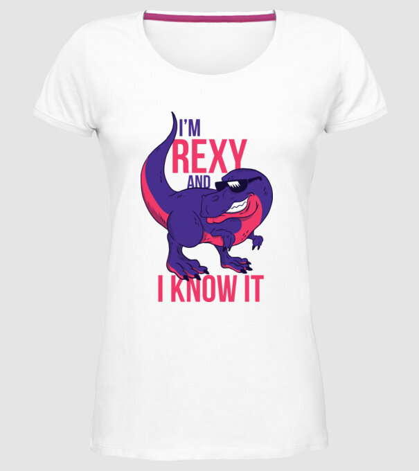 'I''m Rexy and I know it - tricou dinozaur amuzant' model alb pe tricou