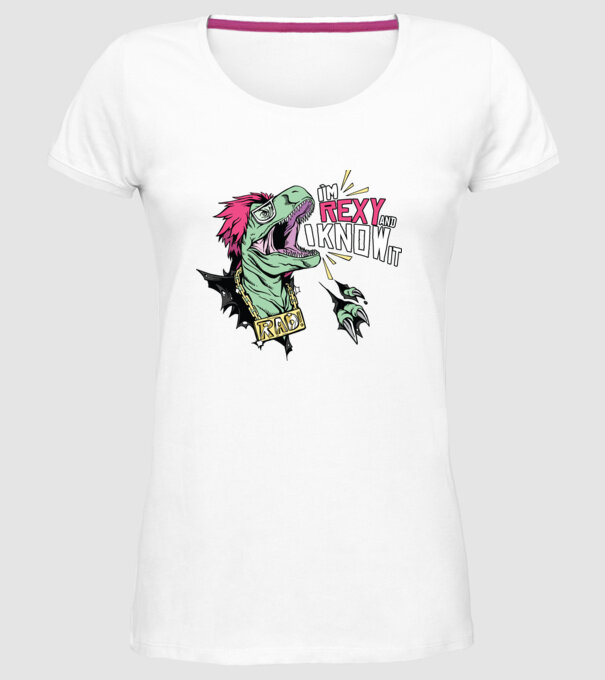 'I''m Rexy and I know it - tricou dinozaur amuzant' model alb pe tricou