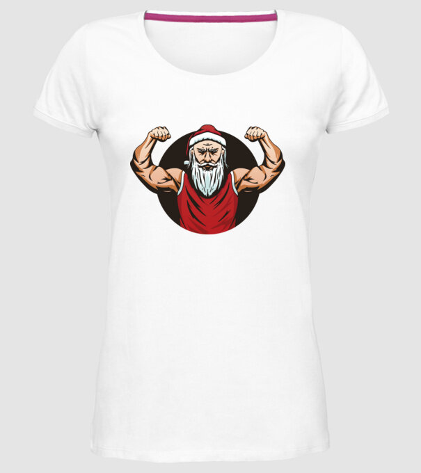 Moș Crăciun musculos model alb pe tricou