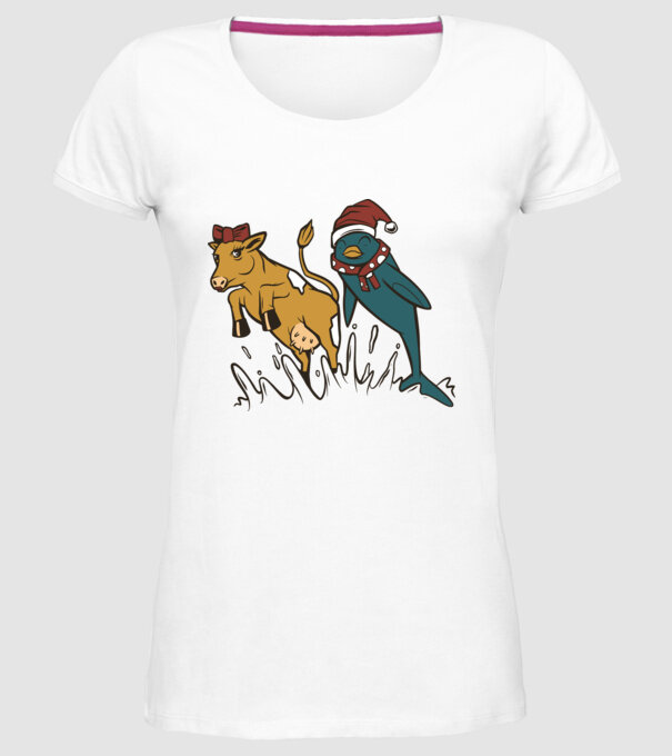 Delfin și Vacă de Crăciun model alb pe tricou