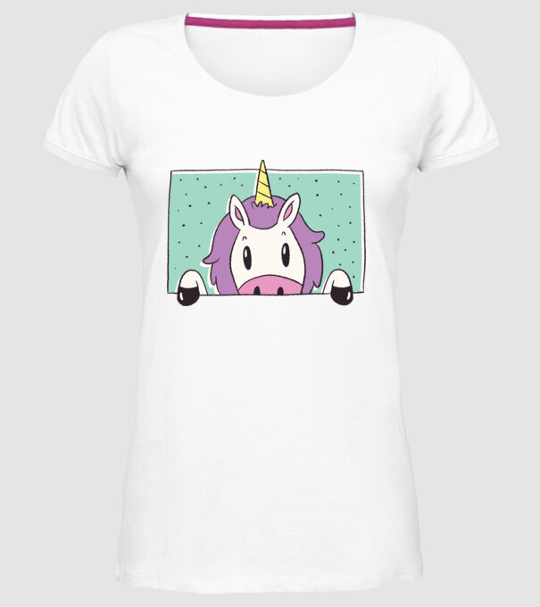 Unicorn curios model alb pe tricou