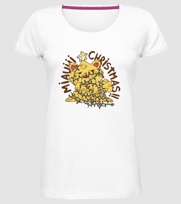 Miauiii Crăciun cu pisică model alb pe tricou