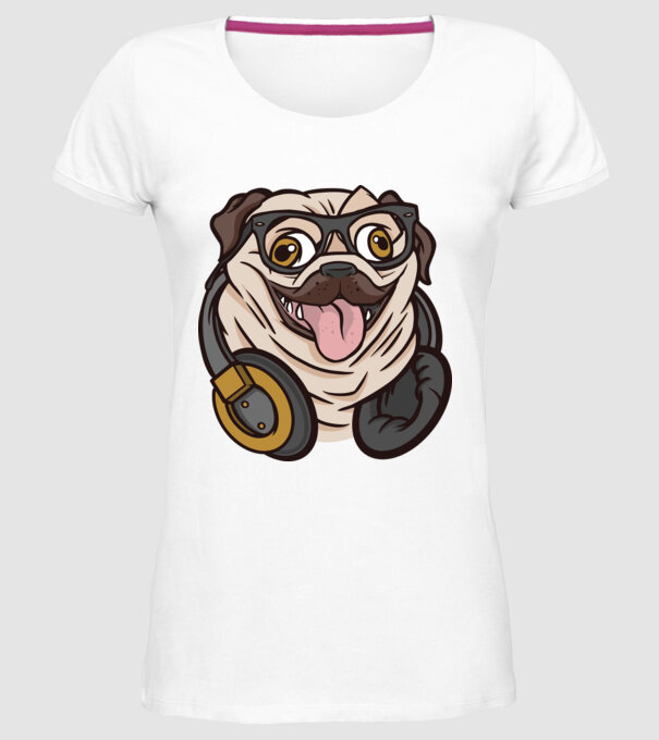 Mops cu căști model alb pe tricou