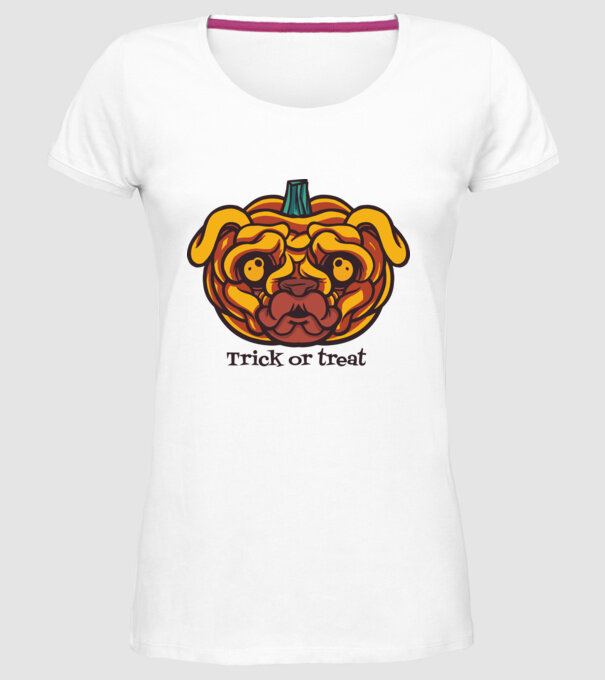Mops cap de dovleac Halloween model alb pe tricou