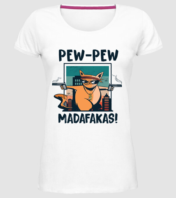 Pew Pew Pew Madafakas Pisică dark model alb pe tricou