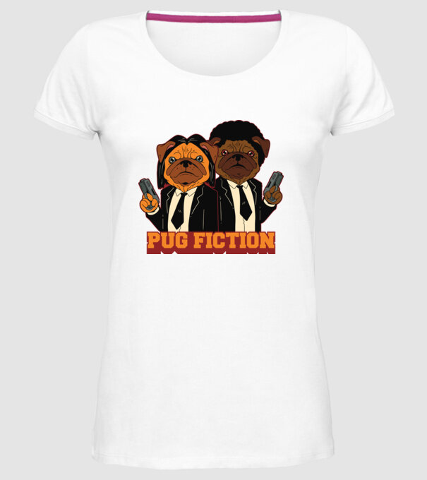 Pug Fiction Pugs Mops Pulp Fiction parodie model alb pe tricou