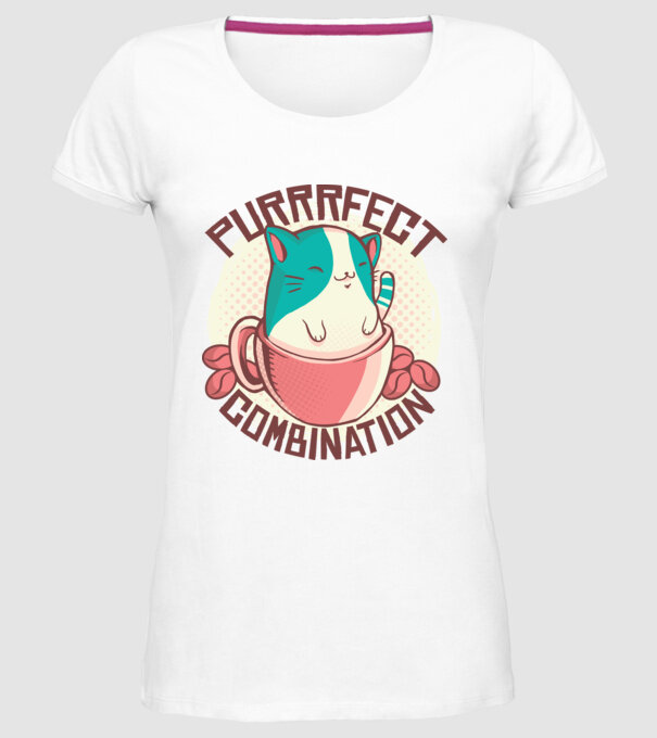 Purrrfect Combination Cafea cu pisică model alb pe tricou