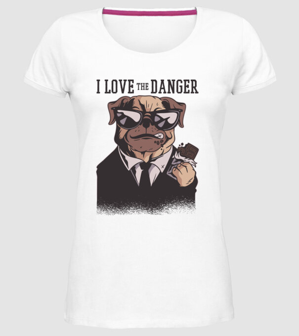 Iubesc pericolul Tricou cu mops model alb pe tricou