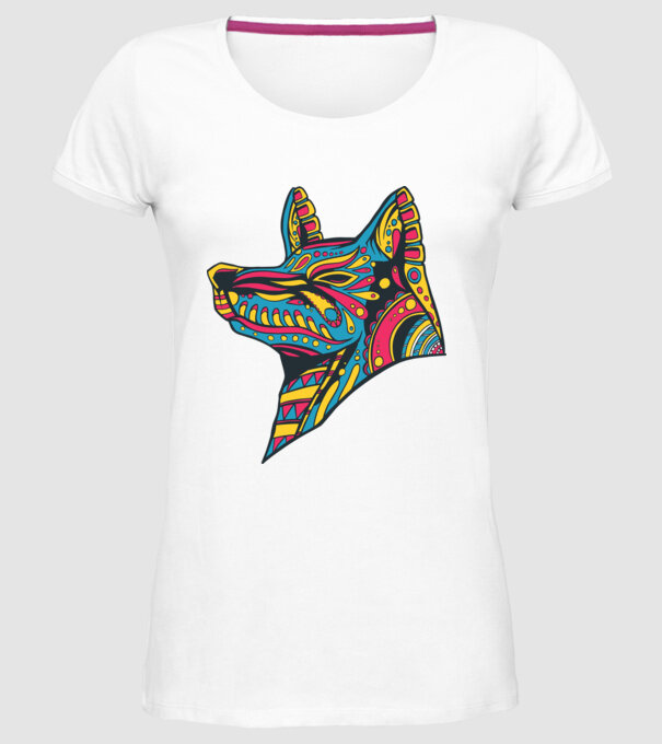 Cap de lup colorat model alb pe tricou