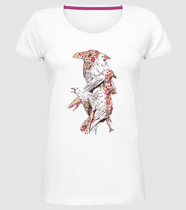 Păsări colorate model alb pe tricou