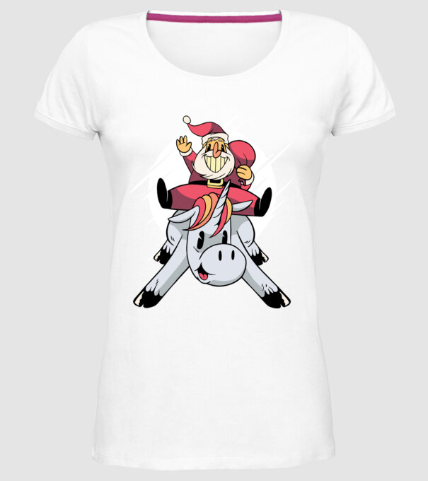 Moș Crăciun pe unicorn model alb pe tricou