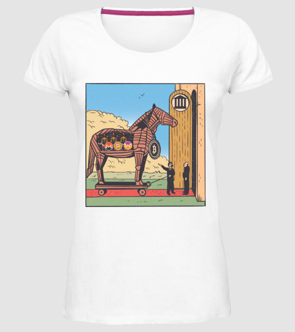 Cal troian Bitcoin model alb pe tricou