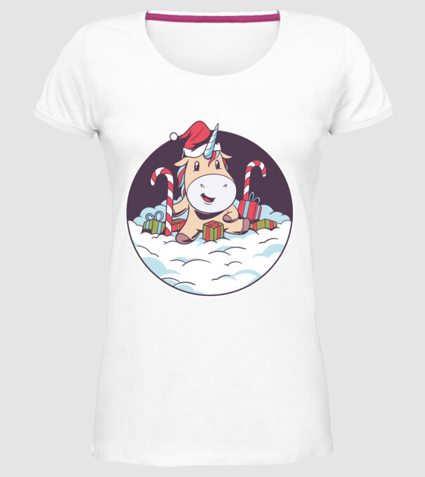 Unicorn Moș Crăciun cu cadouri model alb pe tricou
