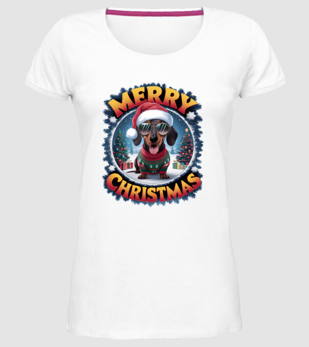 Merry Christmas Teckel model alb pe tricou