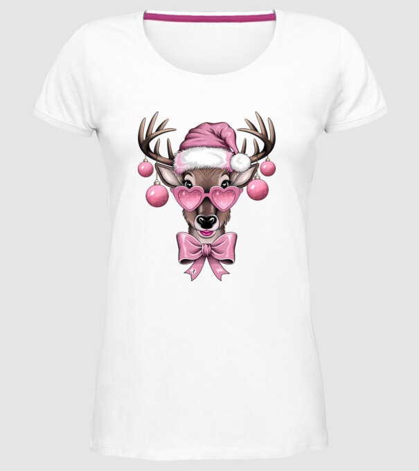 Pink Xmas Reindeer model alb pe tricou
